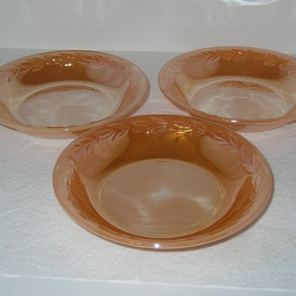 3 Vintage Fire King Peach Luster Laurel Leaf BOWLS Oven Ware 7.5"x1.4" T USA  H - Picture 1 of 4